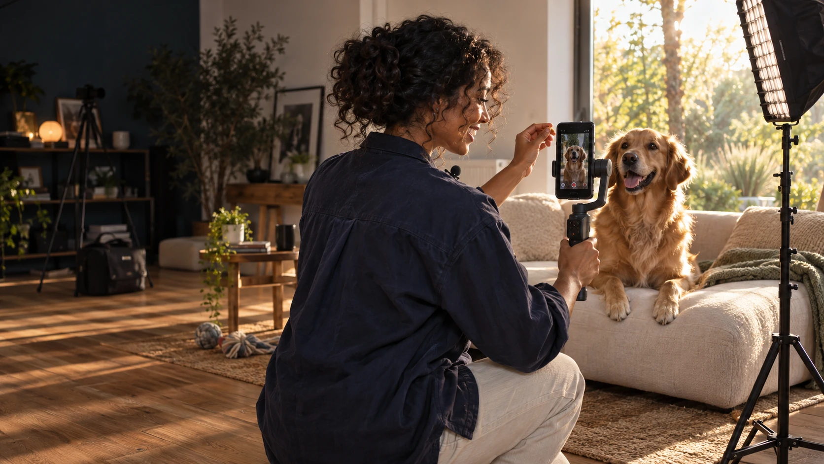 Pet creator filming a golden retriever with a smartphone on a gimbal