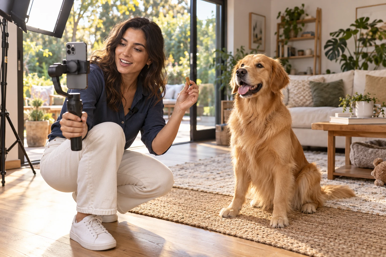 Established pet creator filming a golden retriever