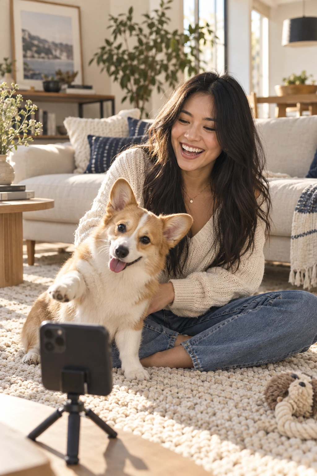 Pet content creator filming her corgi at home